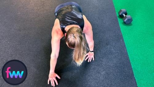 Kindal showing the arm stagger of the lizard pushup from the front.