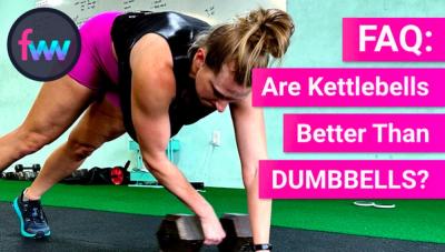 Kindal holding up a kettlebell and a dumbbell wondering which one would be better for her workouts.
