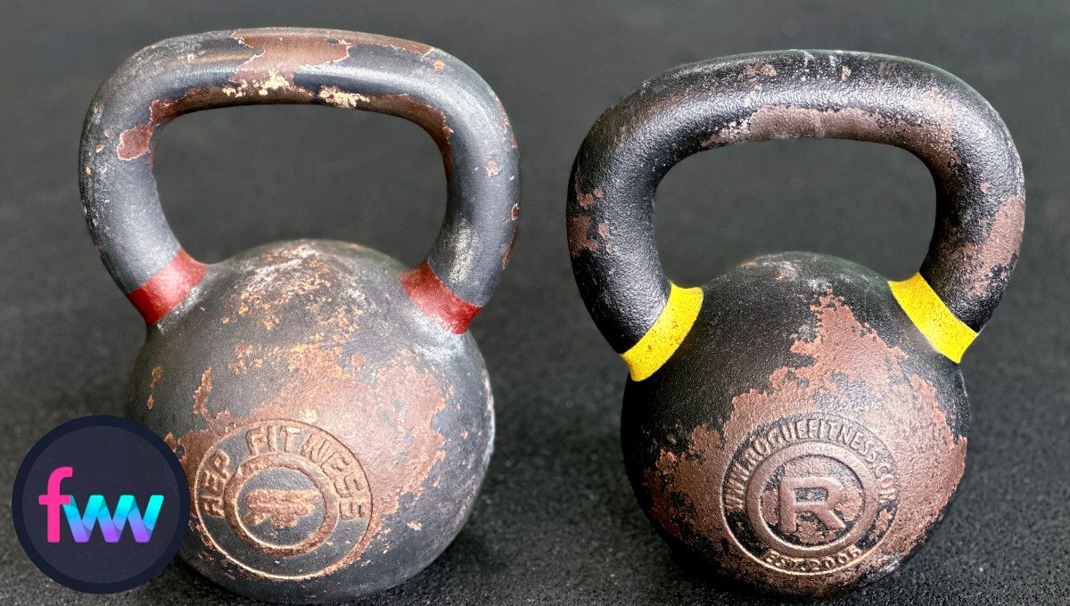 A comparison between the handles of a Rep Fitness kettlebell and the Rogue Kettlebell.