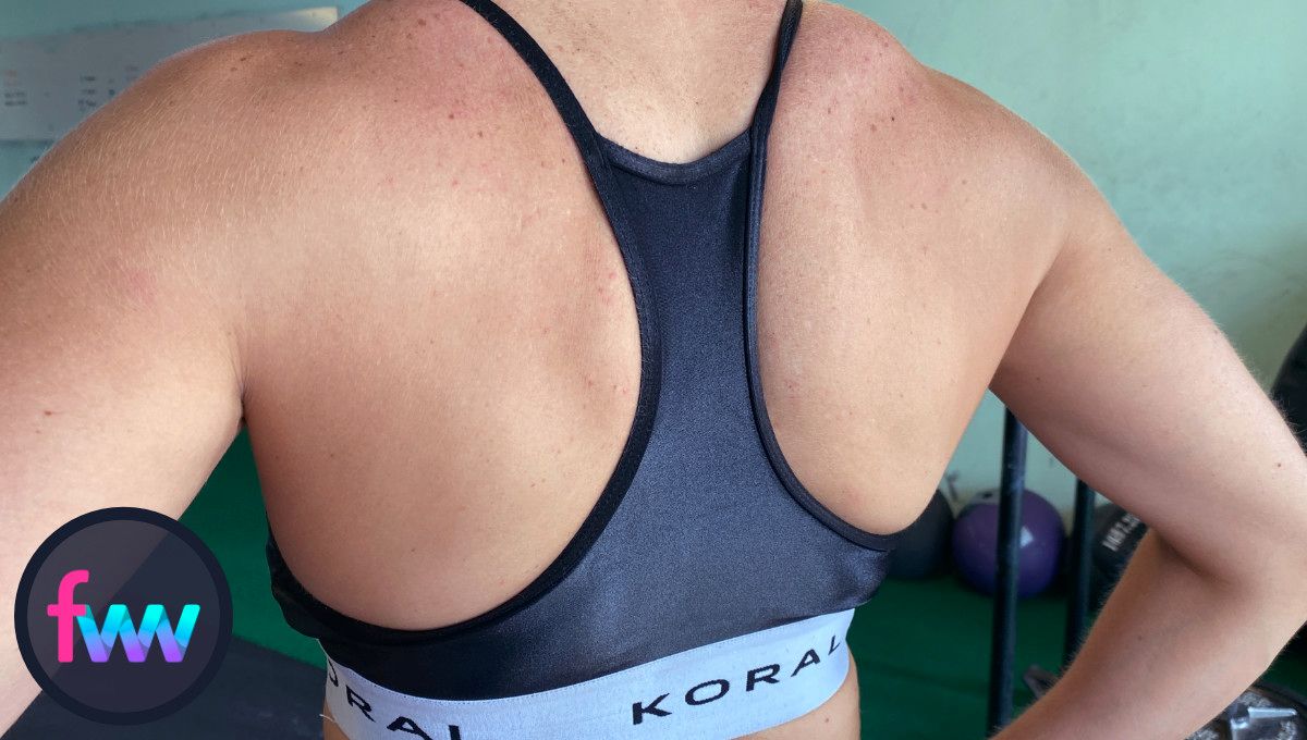 Kindal showing the non-adjustable Koral sports bra.