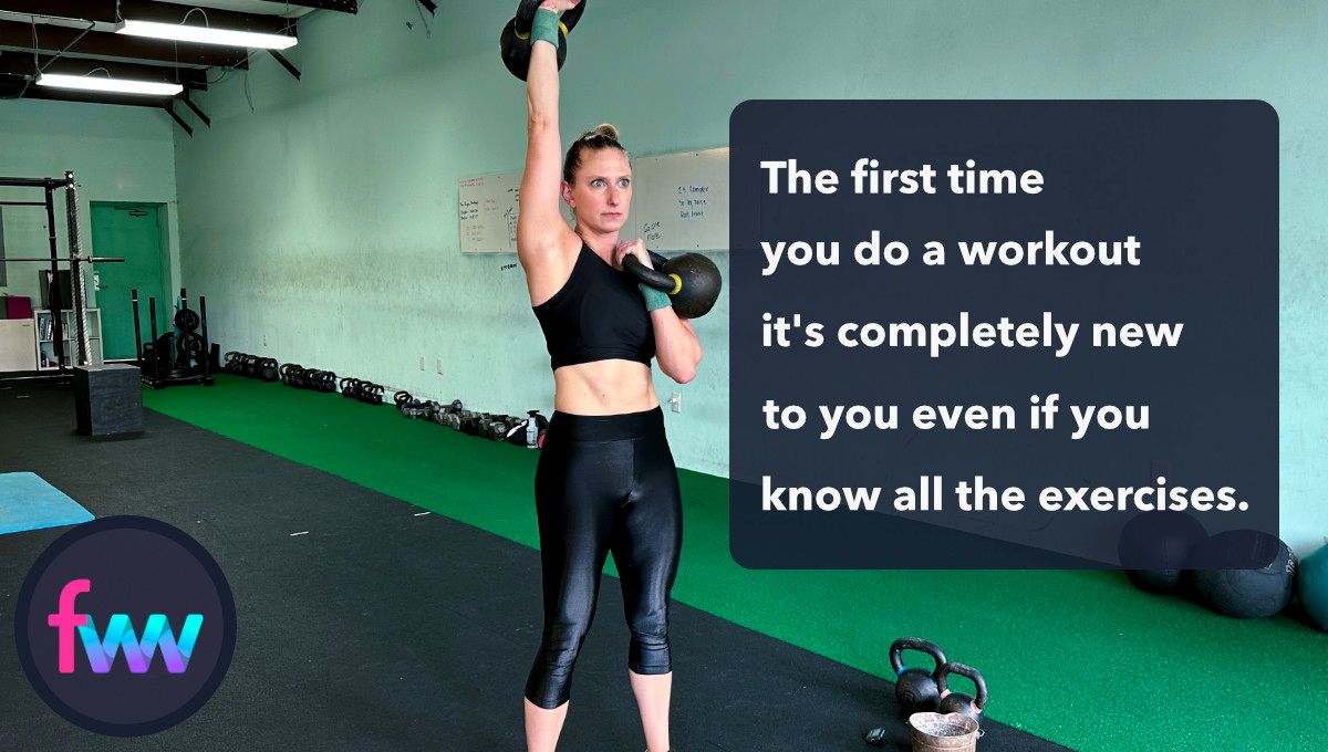 Kindal doing a workout and doing alternating kettlebell presses. The images states that the first time you do a workout your don't know it even if you know the exercises.