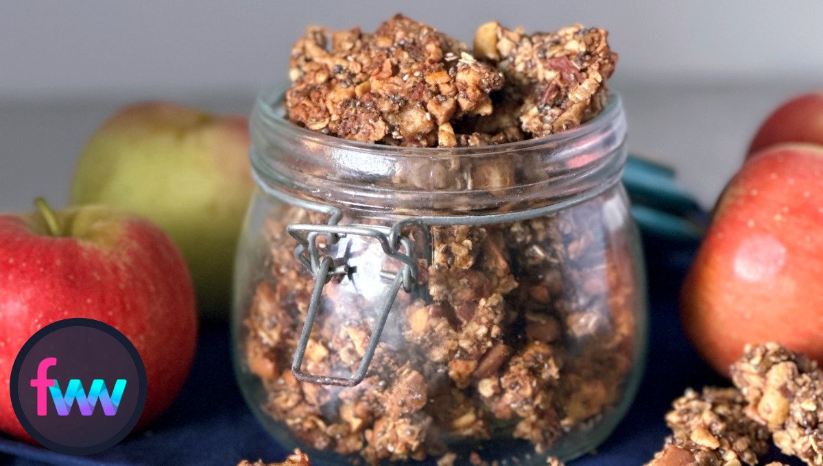 Healthy apple granola chunks in a jar.