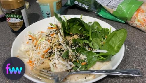 Bowl of rice, chicken, cabbage and tahini dressing