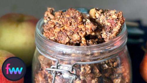 Healthy apple granola chunks in a jar.