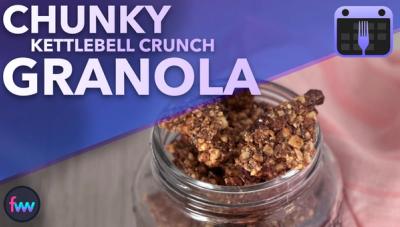 A jar full of chunky kettlebell crunch granola.