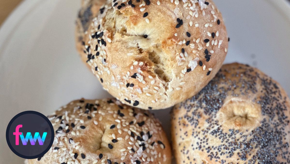 A close up of the high protein bagels so you can see the consistency is just like a real bagel without begin super unhealthy.