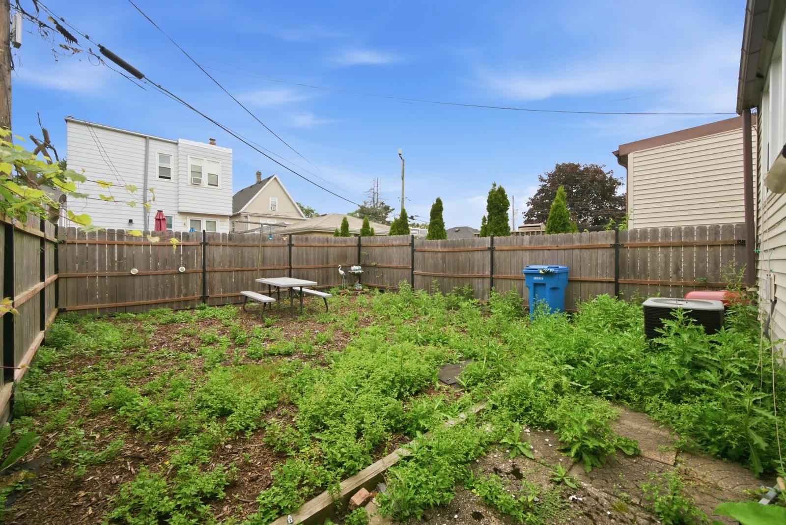Fenced backyard with lawn