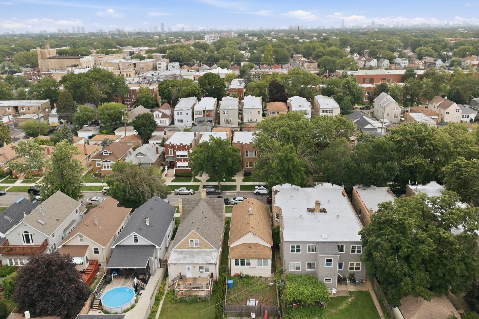 Aerial view of the home and surrounding Chicago neighborhood