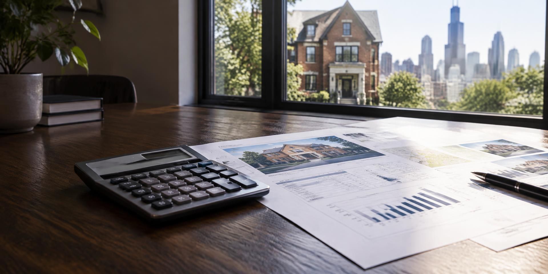 Calculator and home valuation sheets on an oak desk overlooking Chicago homes