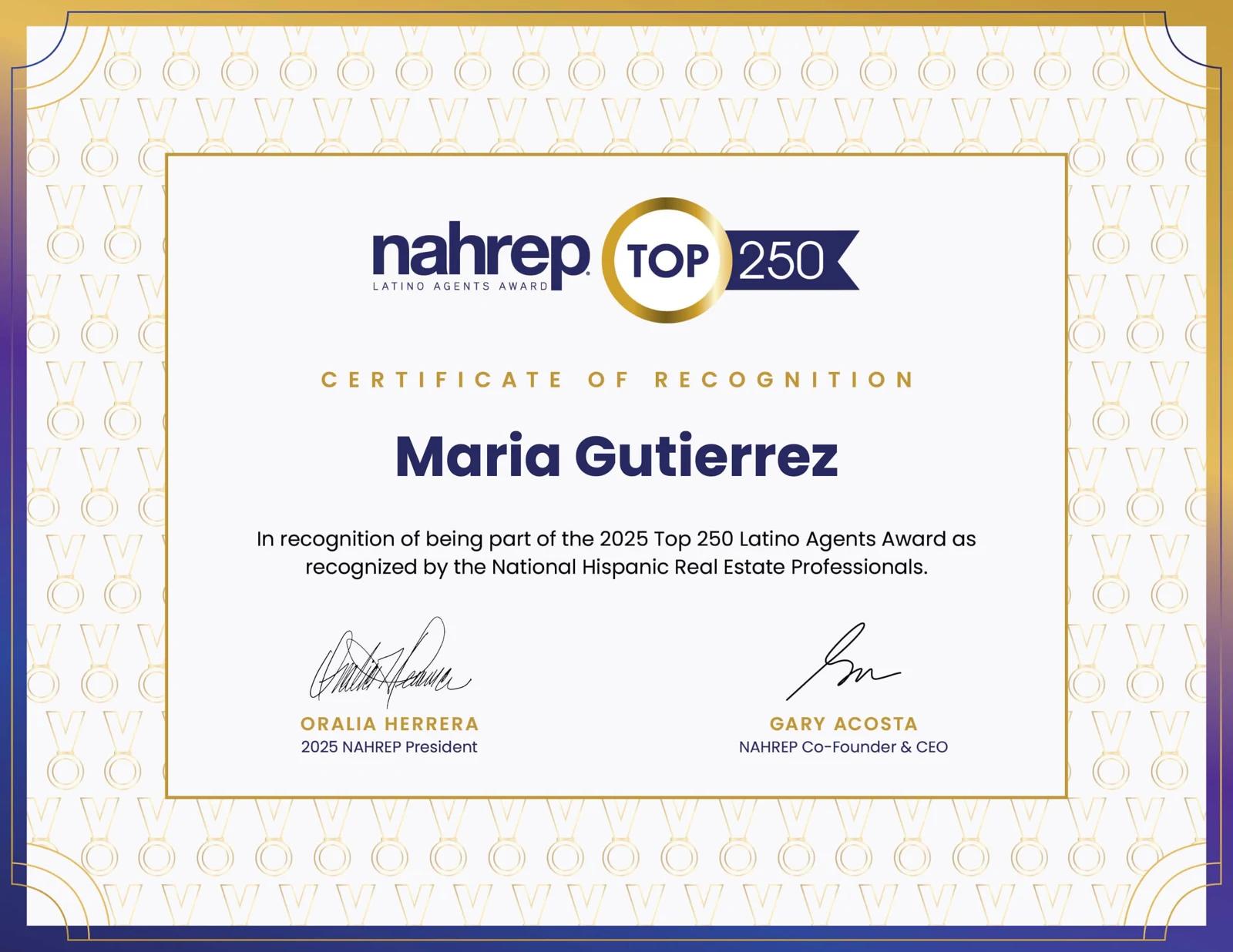 Maria Gutierrez NAHREP Top 250 certificate of recognition