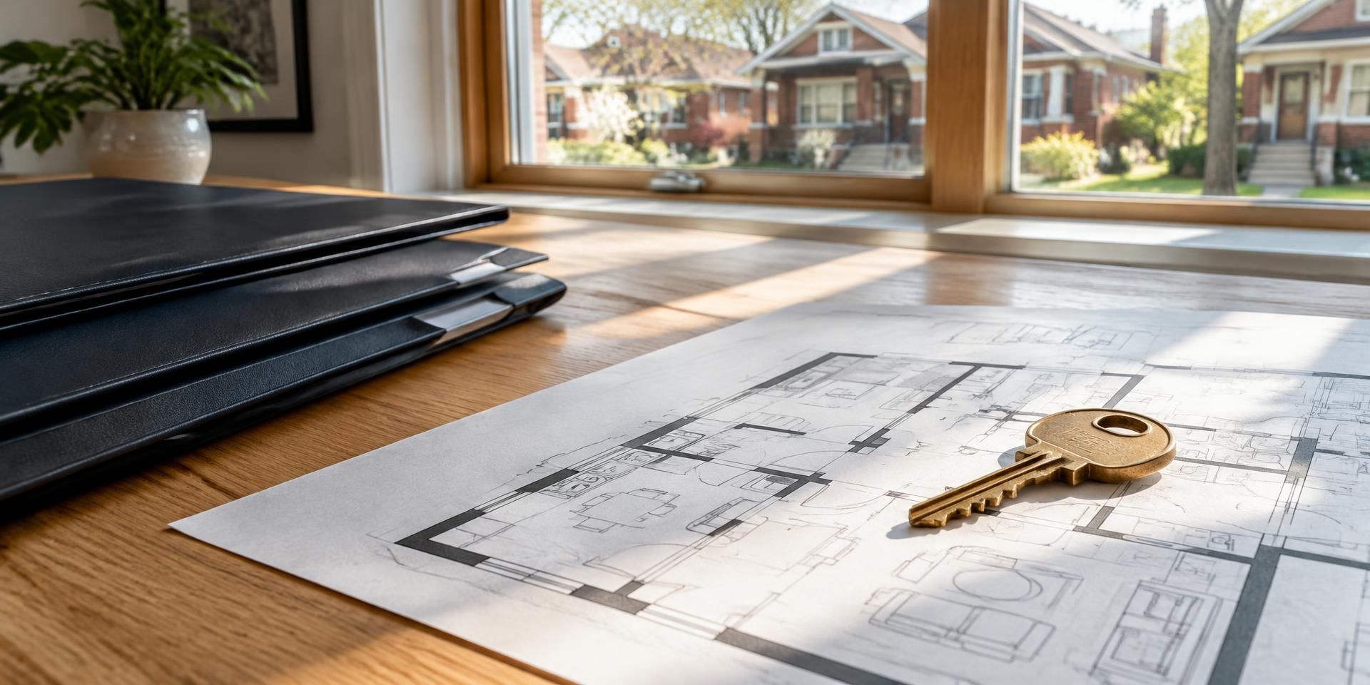 Brass house key on a residential floor plan beside a Chicago bungalow window
