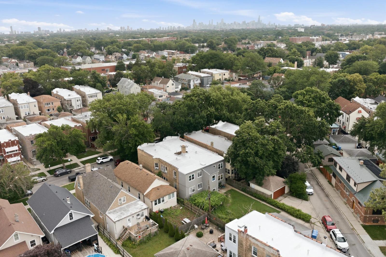 Aerial view of the home and surrounding Chicago neighborhood