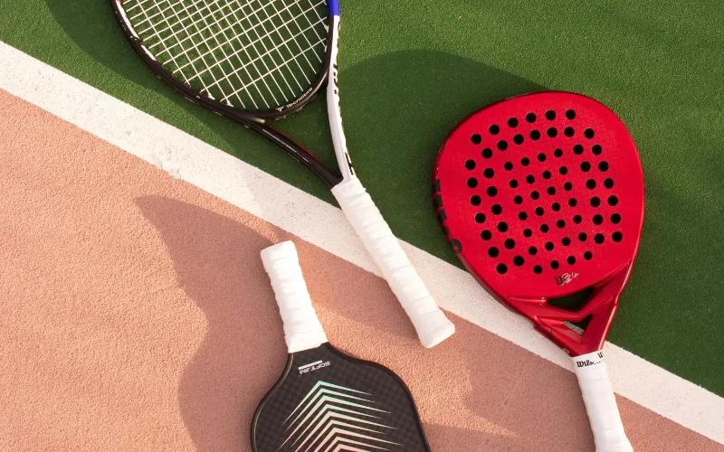 Rackets for different sports laid out on a court