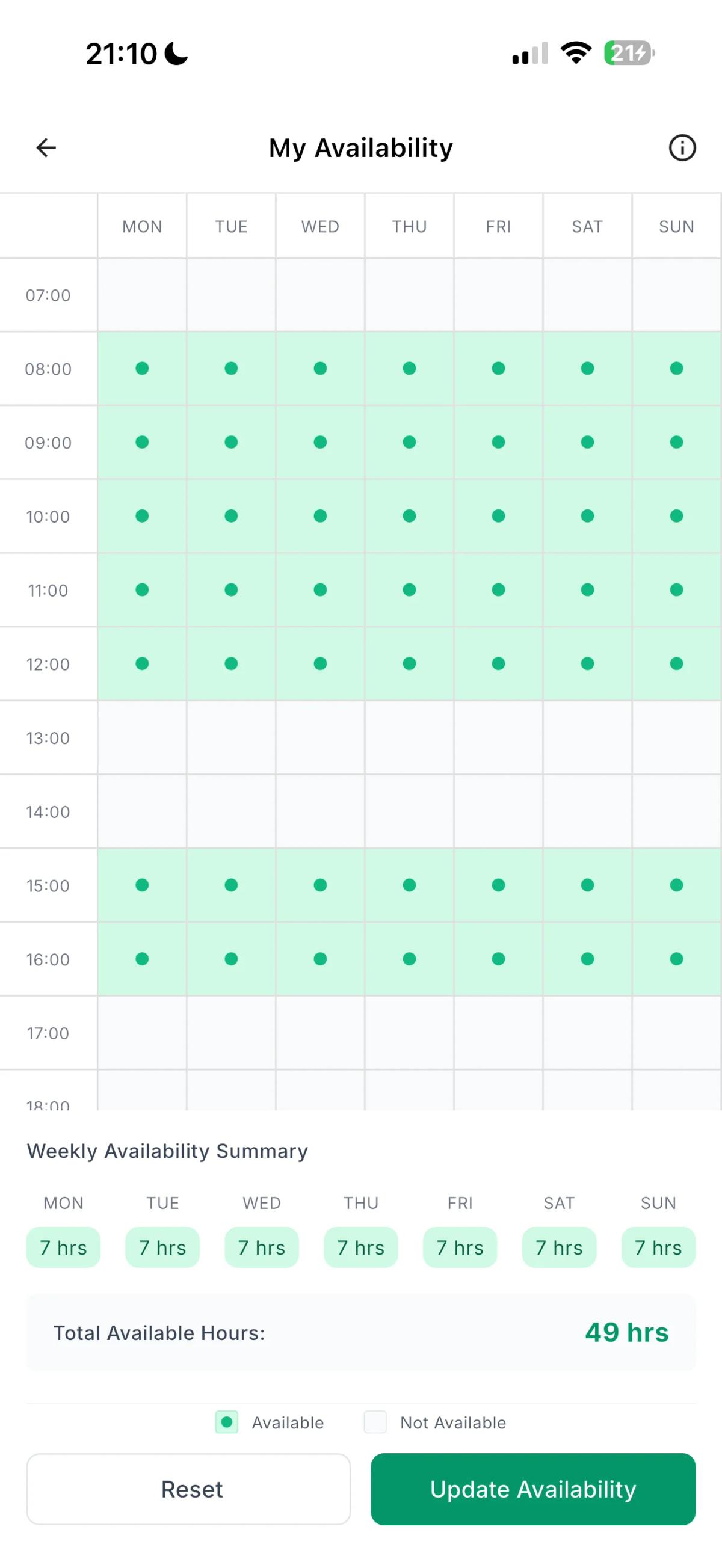 The volocoach coach availability screen showing lesson time slots
