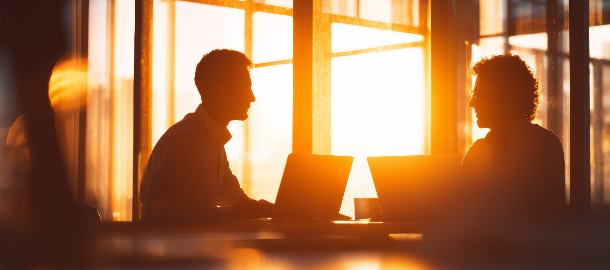 Zwei Männer sitzen im Gegenlicht der untergehenden Sonne am Schreibtisch, Laptops sind geöffnet, es findet ein Gespräch statt