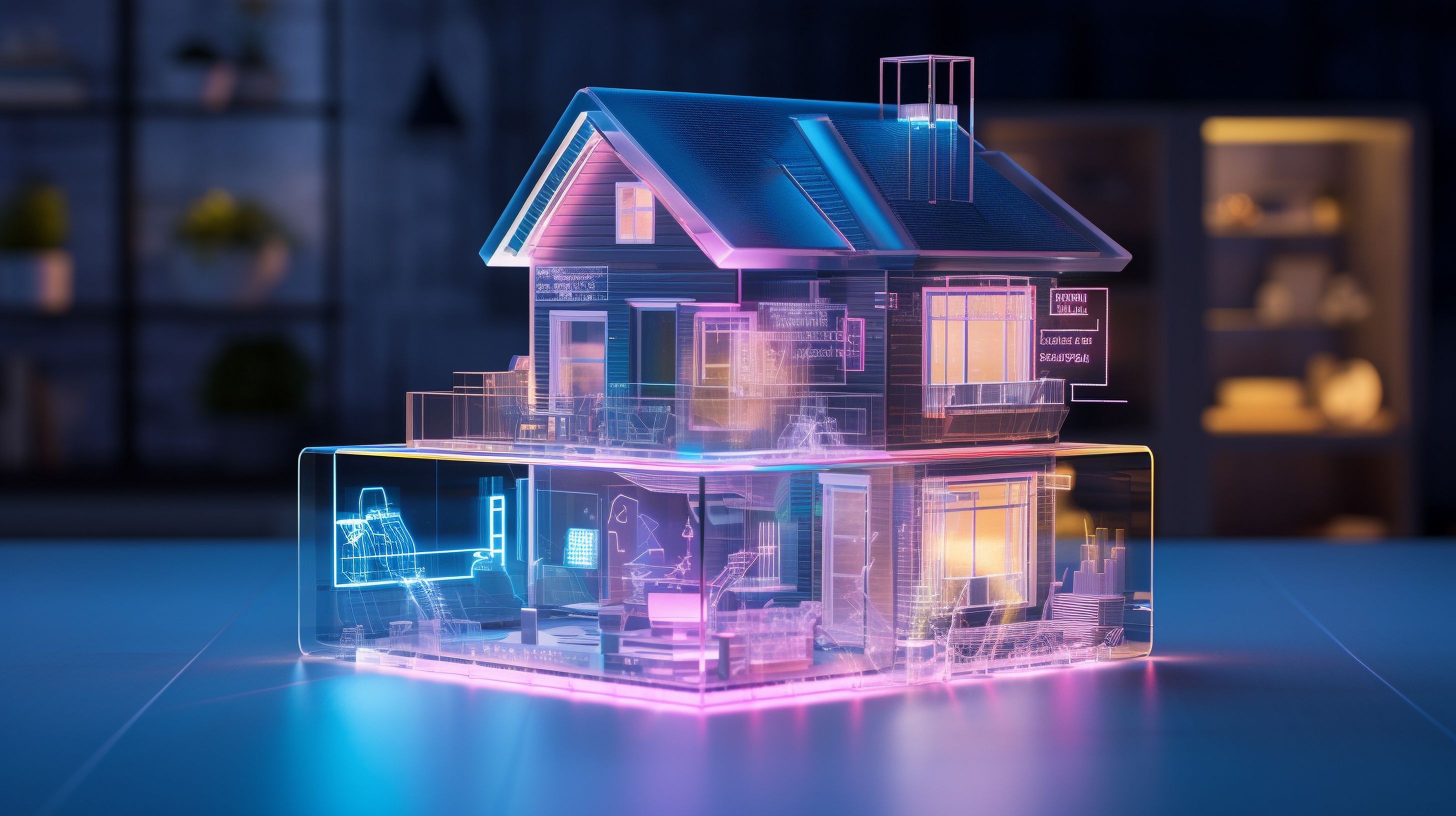 small hologram of a modern house, smart home concept