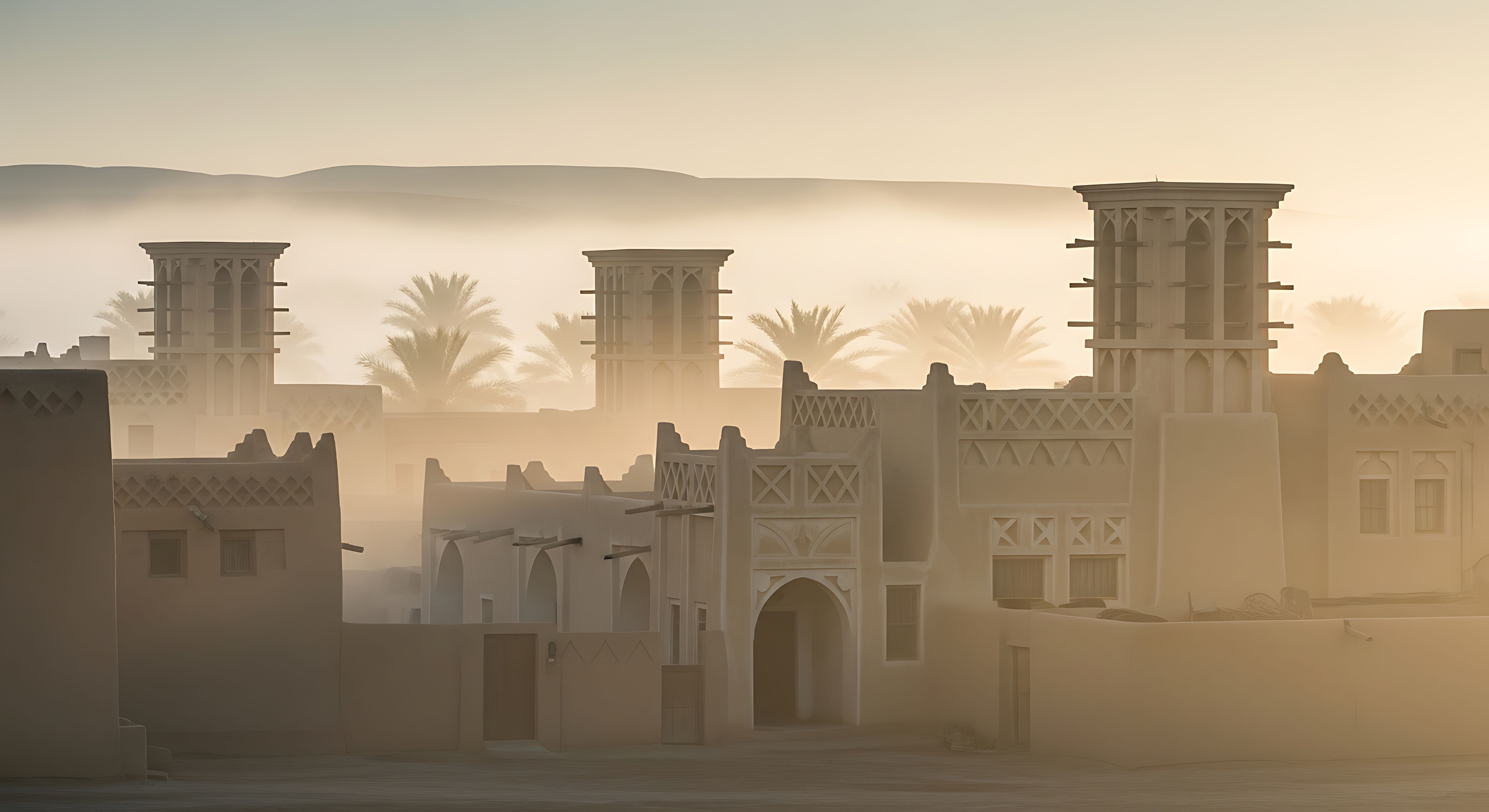 Traditioneller architektonischer Komplex im Stil des Nahen Ostens mit Windtürmen und beigen Lehmgebäuden bei Sonnenuntergang