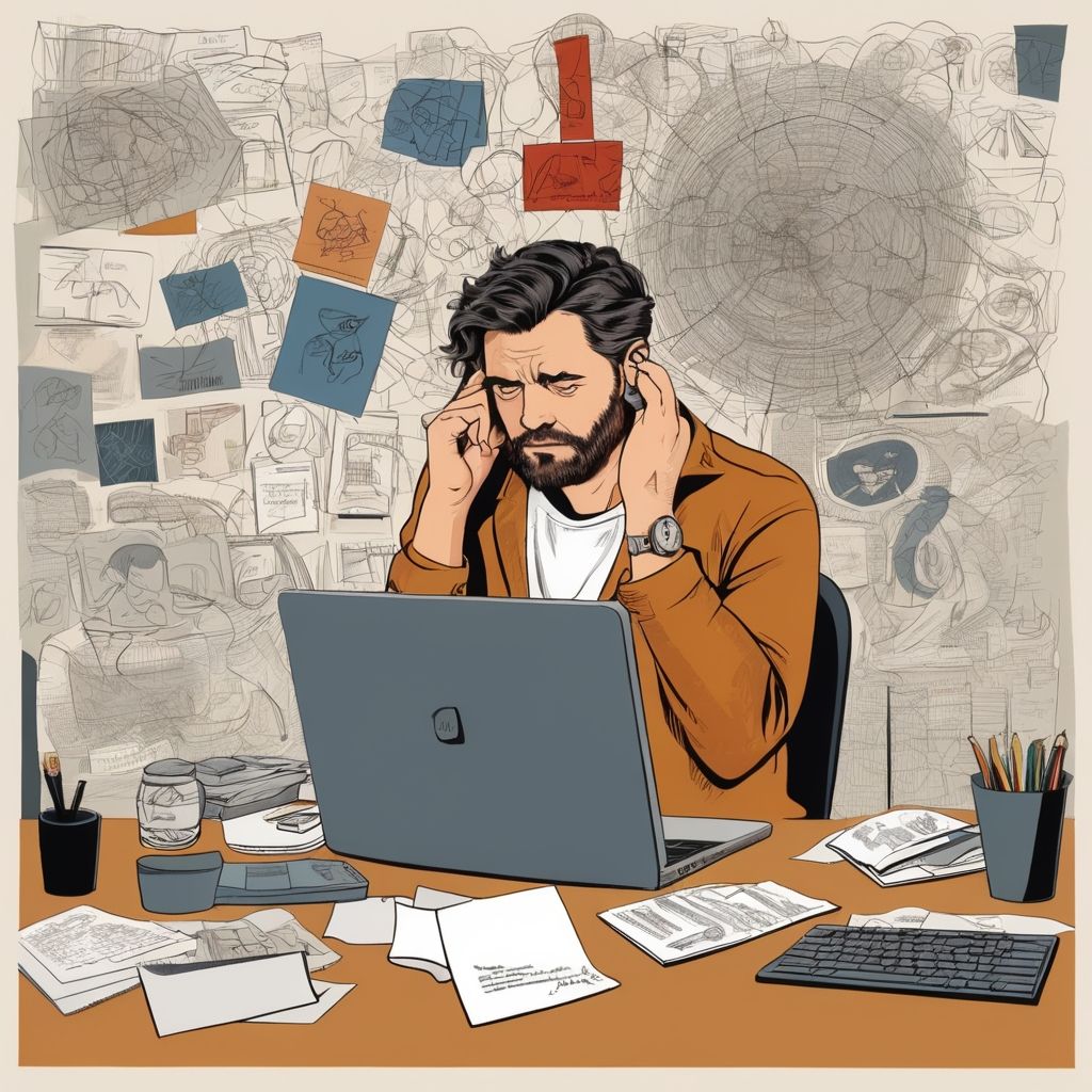 A stressed business owner reviewing a poorly designed website and marketing materials, looking frustrated and unsure about their brand’s visual identity.