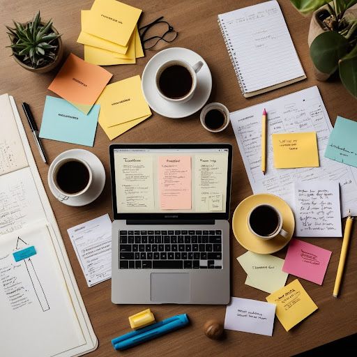 "A startup founder's workspace with a laptop showing a brand strategy document, surrounded by sticky notes, sketches, and color palettes, symbolizing the rebranding process.