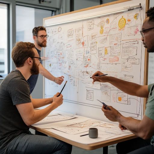 A team of designers and developers brainstorming ideas on a whiteboard, illustrating the design thinking process