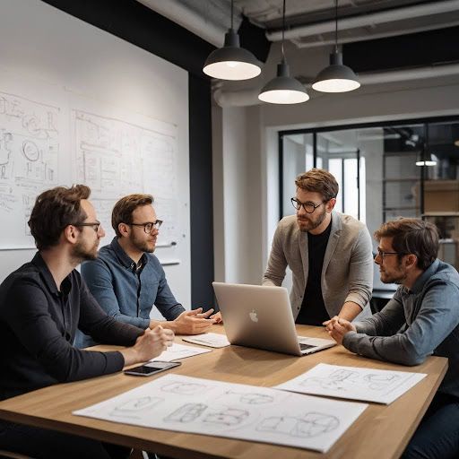 A designer and a startup founder collaborating in a modern workspace, reviewing UI wireframes and discussing design ideas.