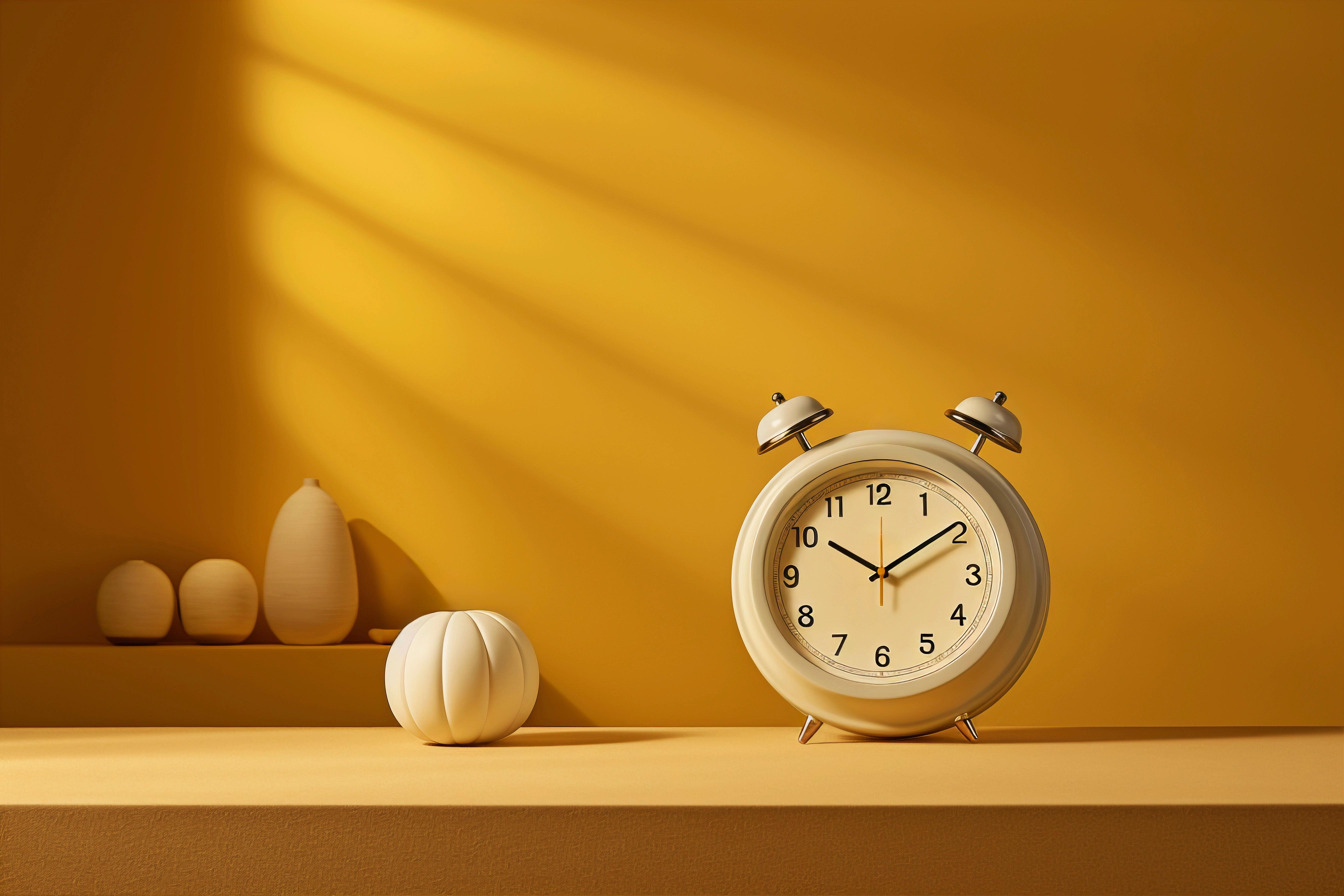 Image of vintage alarm clock placed in a minimalist founder's office to manage time effectively.