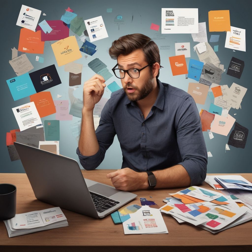 A startup founder reviewing branding materials with a concerned expression, surrounded by design elements like logos, color swatches, and marketing assets, symbolizing common branding mistakes.