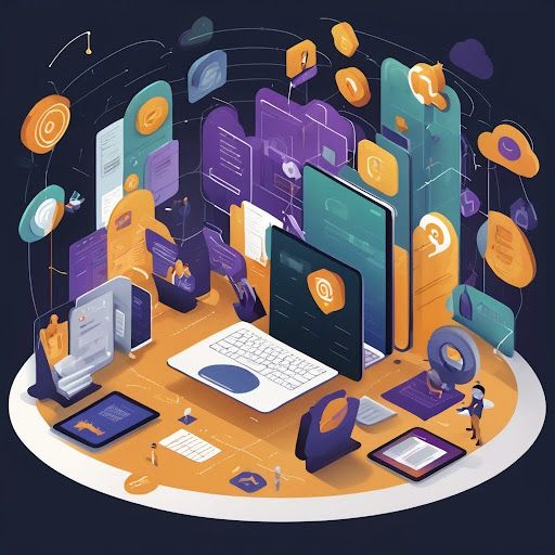 Floating UI elements representing no-code tools for building apps, websites, and automation workflows.