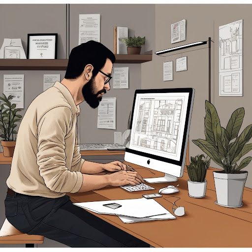 A startup founder designing a professional website on a laptop, with a wireframe or mockup displayed on the screen.