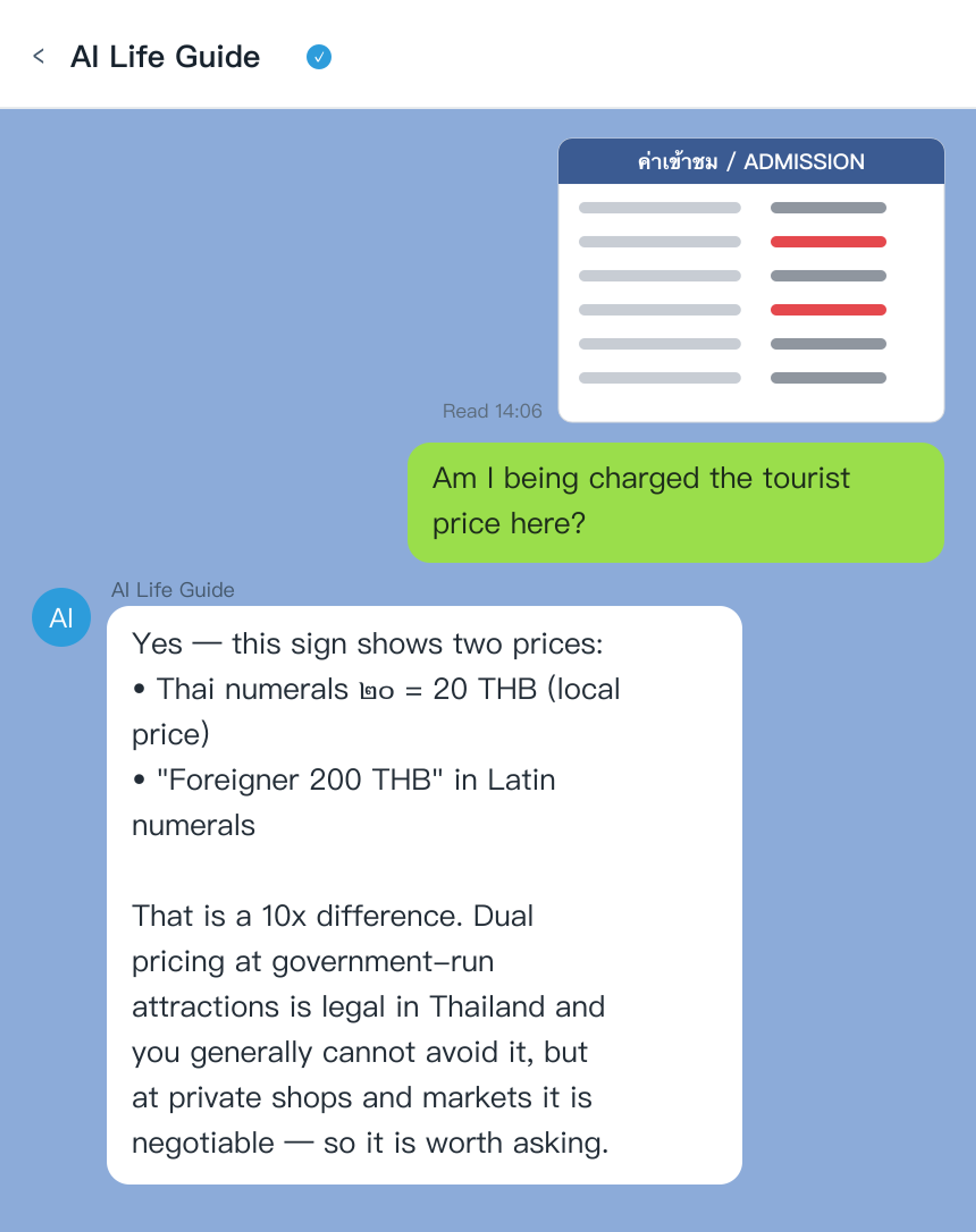 AI Life Guide demo: photograph a Thai price board or ticket sign in LINE and get an instant plain-English explanation (simulated screenshot)
