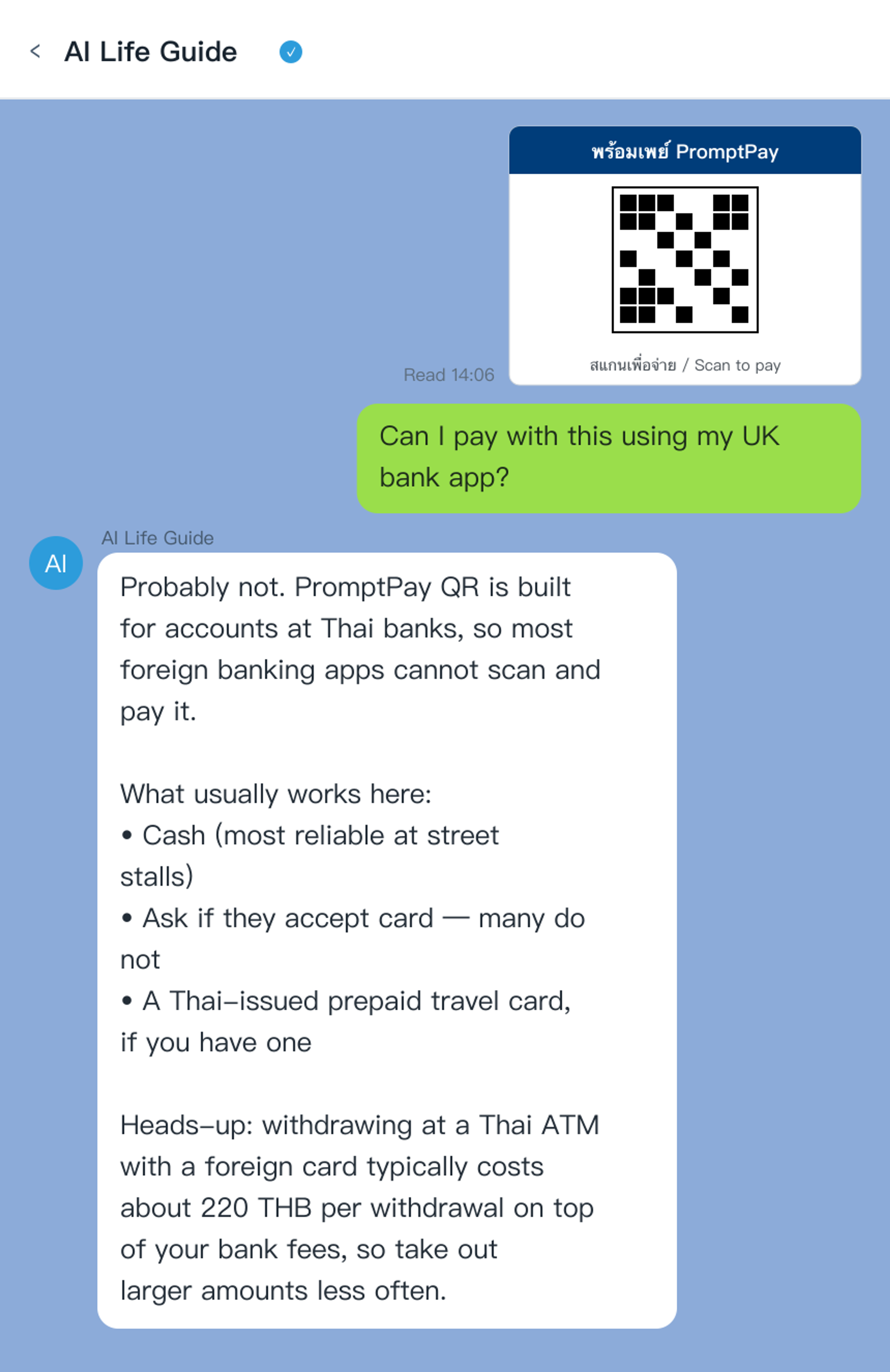 AI Life Guide demo: photograph a PromptPay QR sign or payment notice in LINE and find out whether you can actually pay it (simulated screenshot)