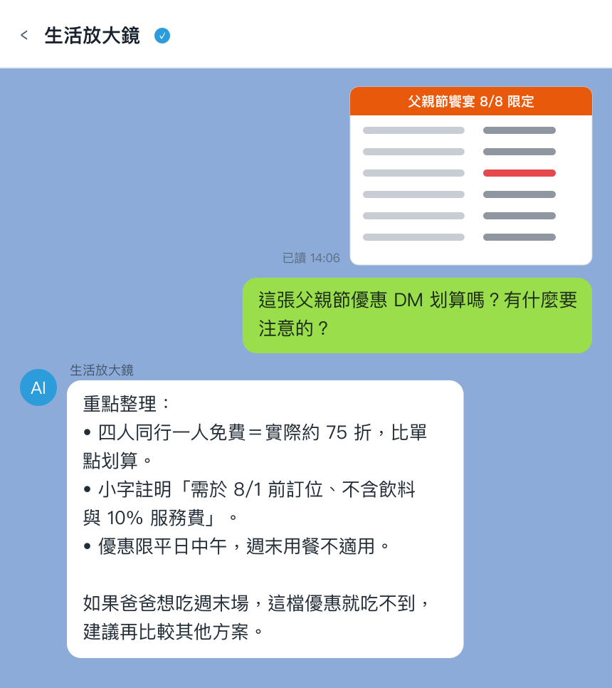 生活放大鏡使用示範:拍下餐廳優惠 DM,AI 幫你抓出隱藏條件與划算度(示意圖)