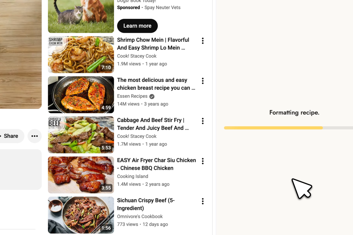 Eggcellent Chrome extension extracting a recipe from a YouTube cooking video