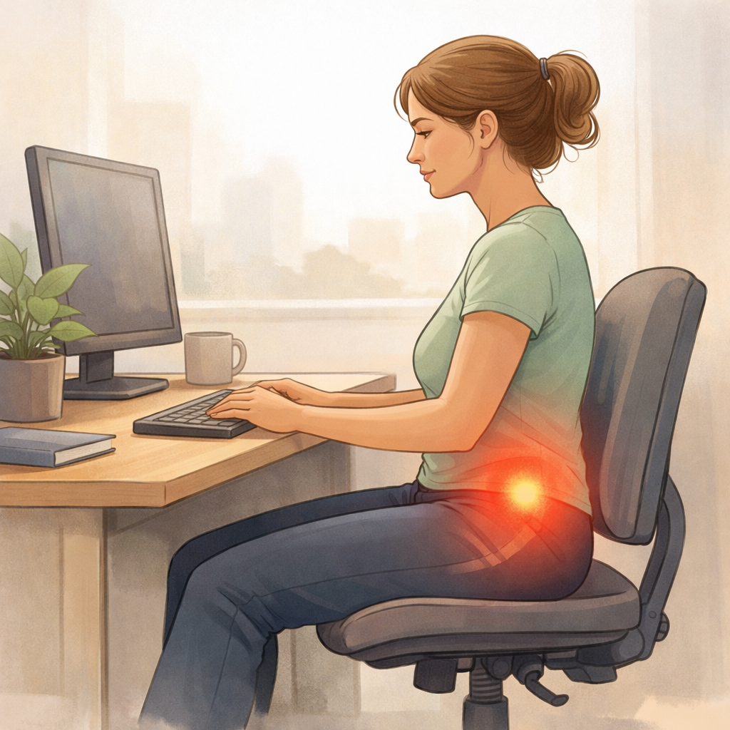 A calm illustration of a seated person at a desk, with the front of the hips highlighted softly.
