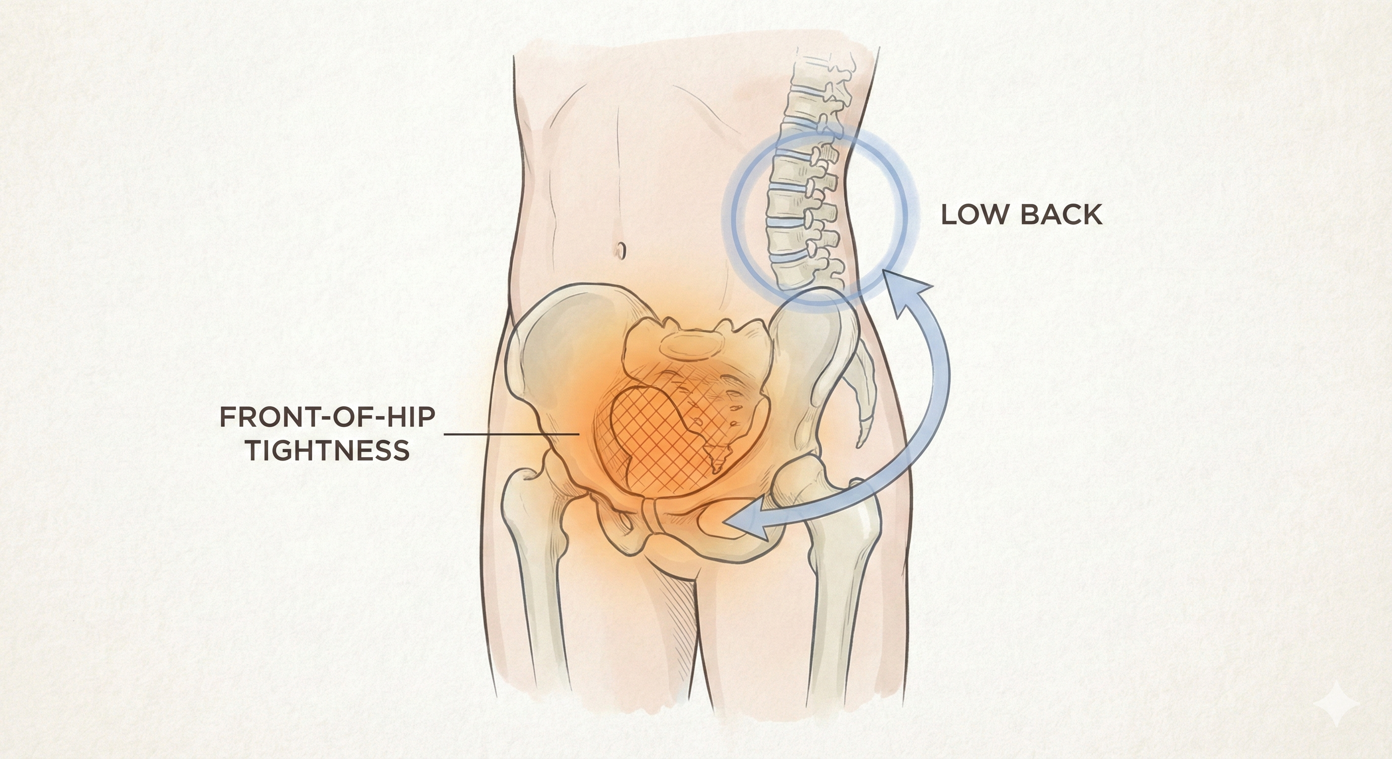 A simple body map showing front-of-hip tightness with a gentle arrow toward the low back.