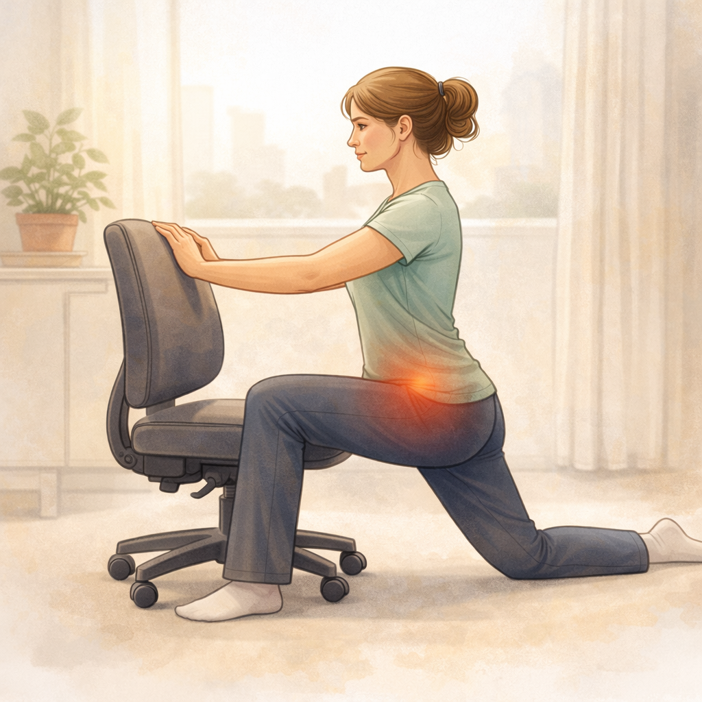 A calming photo-style illustration of a supported hip flexor stretch beside a chair.