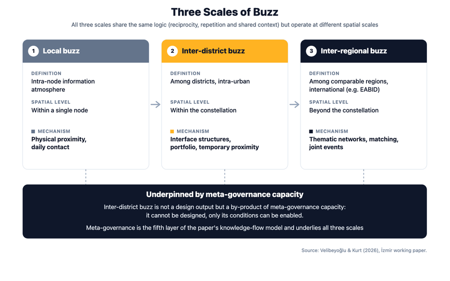 Diagram of three scales of buzz: local, inter-district and inter-regional