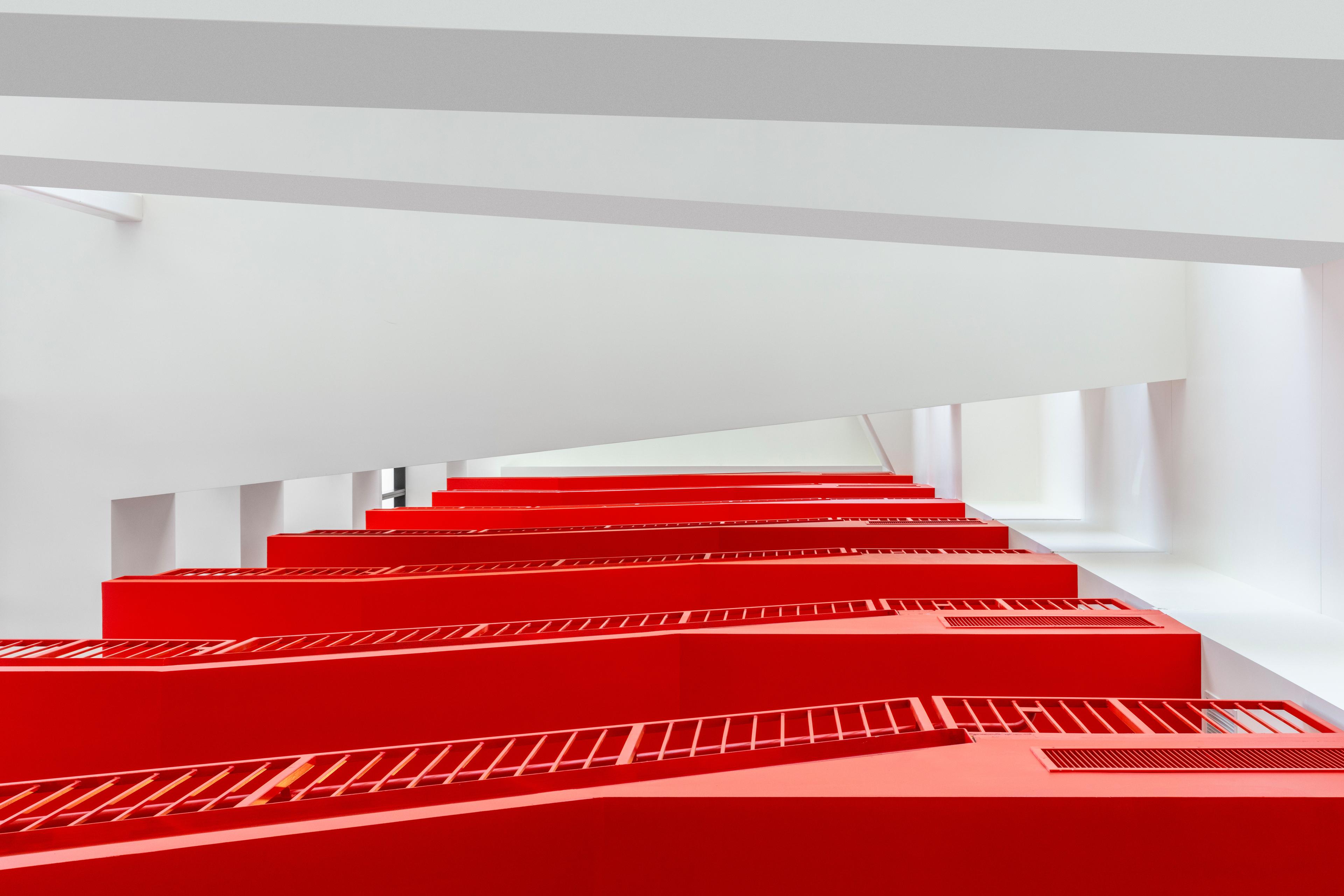 222 Fifth red stairwell view from below