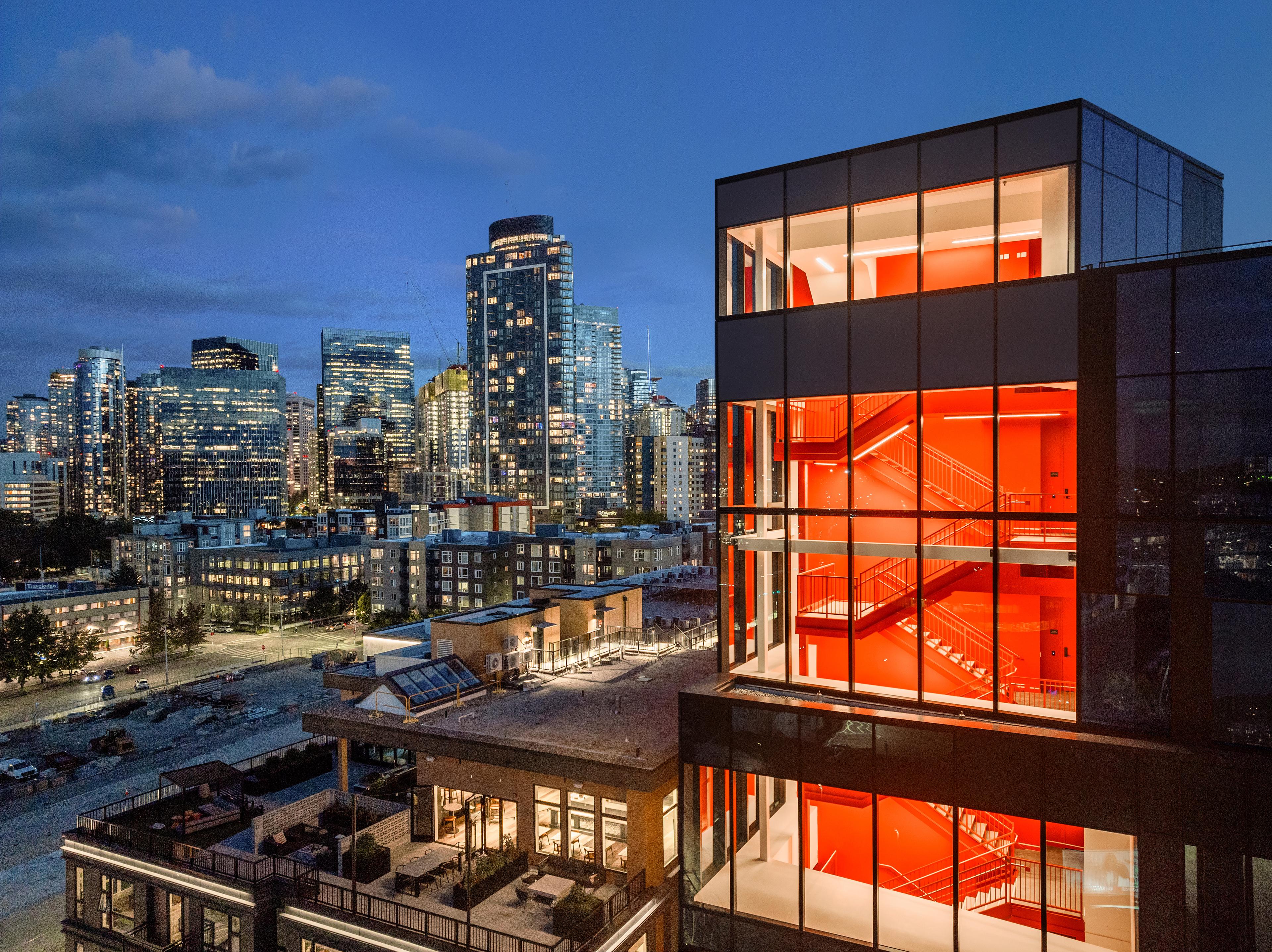 222 Fifth bird's eye view at night with Seattle city skyline