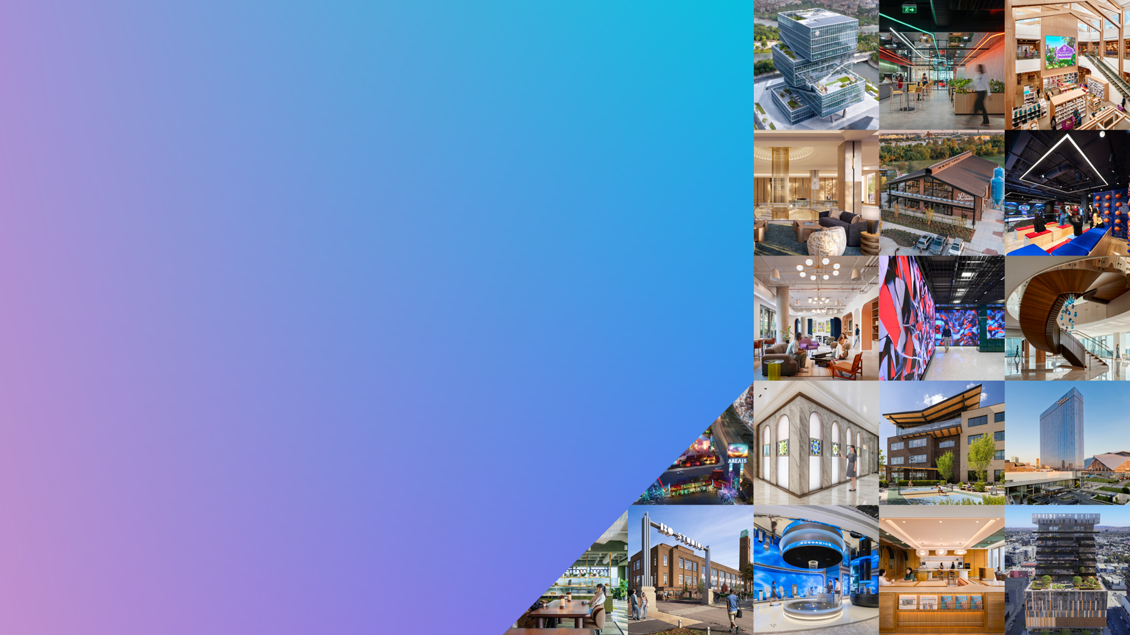 Gensler project collage on purple and blue gradient background