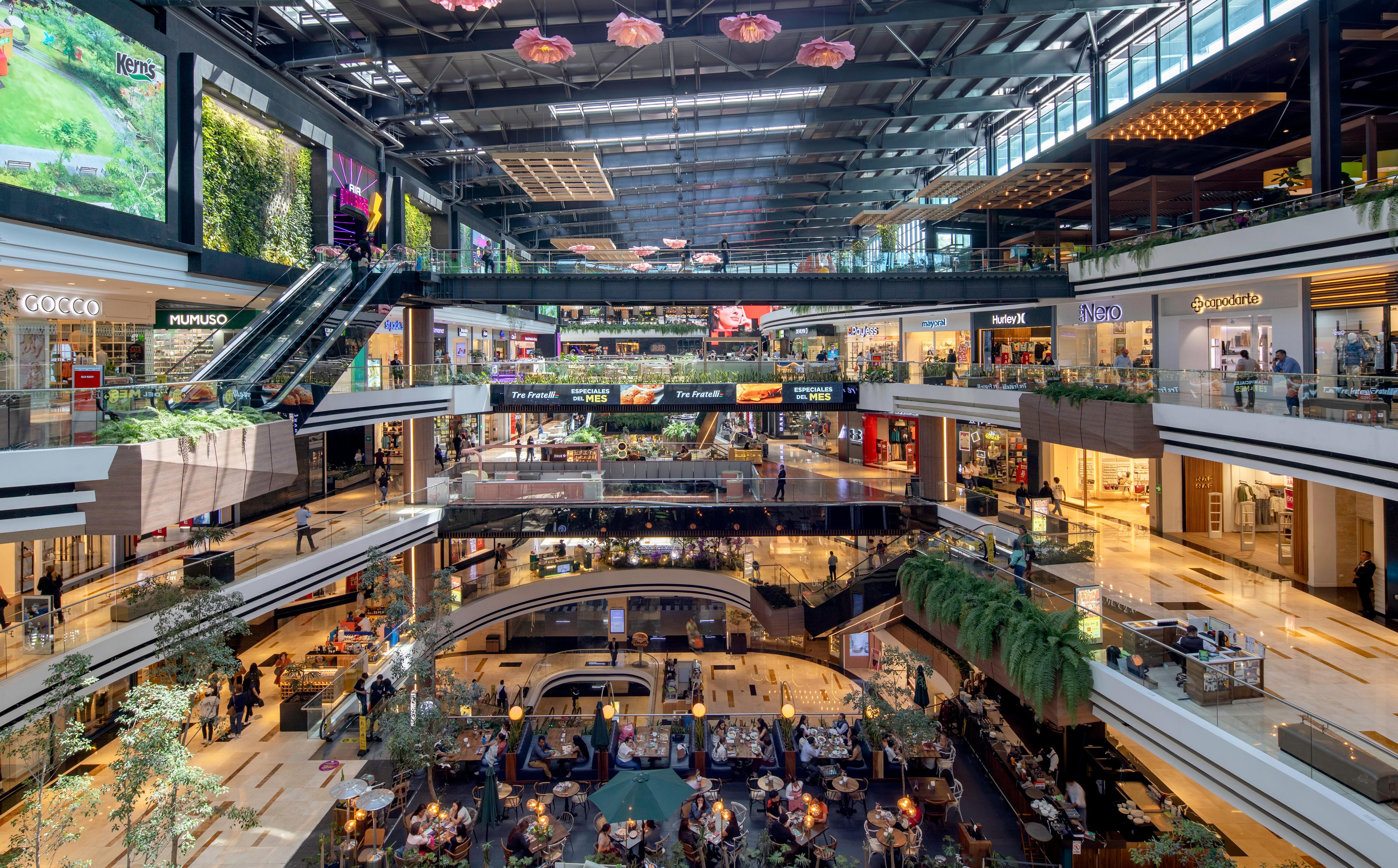 A high angle view of a shopping mall.