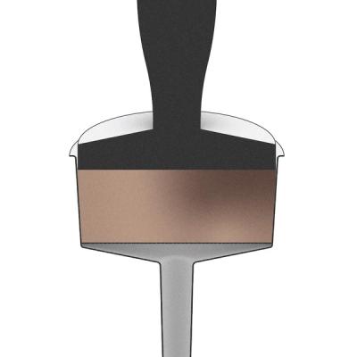 A diagram of a moka pot basket filled with coffee grounds being tamped. The puck of coffee contains denser regions represented by a darker brown.