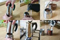 A grid of six images showing the Bialetti Musa moka pot being unscrewed, filled with water, filled with coffee, brewed, and poured.