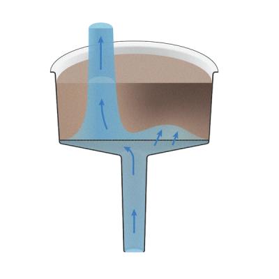 A diagram of channeling in a moka pot funnel. The water flows through the path of least resistance in the puck.