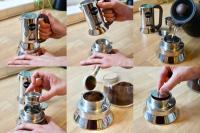 A grid of six images showing the alessi 9090 being opened then filled with water and coffee grounds.