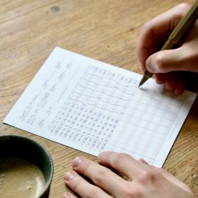 A tasting card being filled in with a pen, and a cup of coffee next to the card.