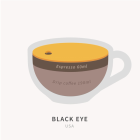 A graphic of a cup containing 190ml of drip coffee topped with two shots of espresso