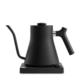 A sleek modern black gooseneck kettle on a square black base with a round dial and round screen