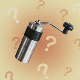 A Porlex hand grinder on a brown and yellow gradient, surrounded by question marks.