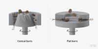 3D cross-section models of a conical burr set and flat burr set side by side, with coffee being ground in both.